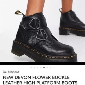 Dr. Martens Black Leather Platform Shoes with Flower Buckle